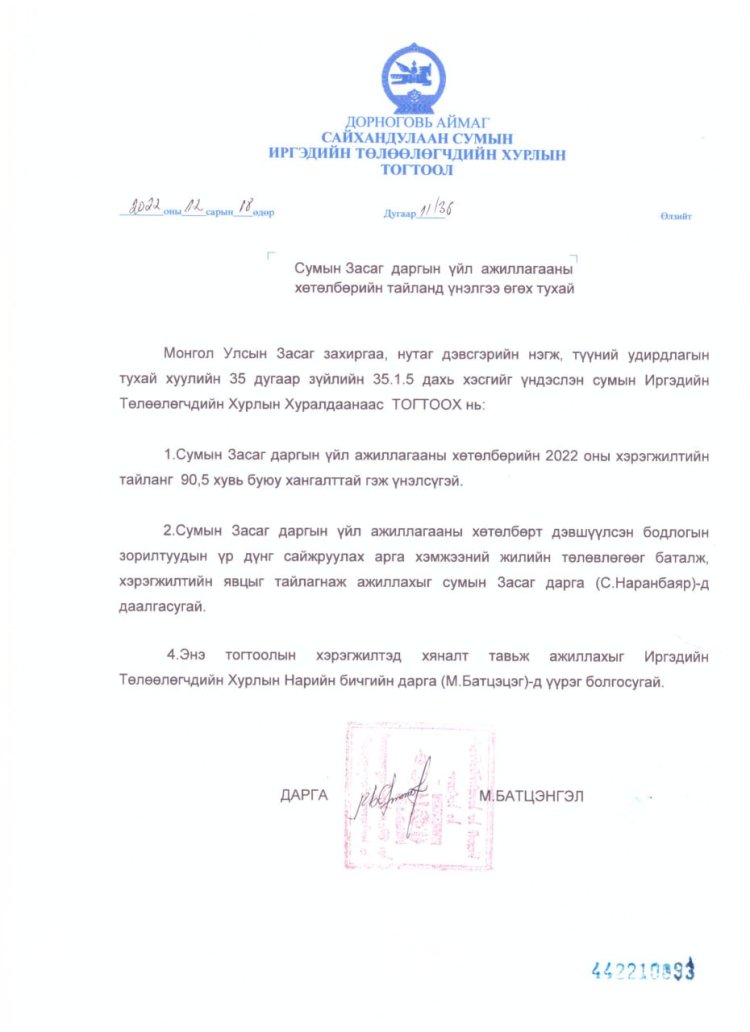 СУМЫН ЗАСАГ  ДАРГЫН ҮЙЛ АЖИЛЛАГААНЫ 2022 ОНЫ ТАЙЛАНД ӨГСӨН ҮНЭЛГЭЭ