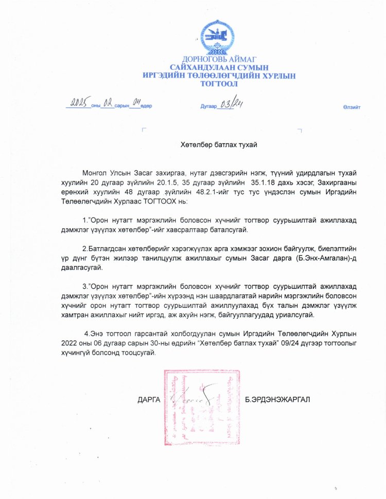 Орон нутагт мэргэжлийн боловсон хүчнийг тогтвор суурьшилтай ажиллахад дэмжлэг үзүүлэх хөтөлбөр